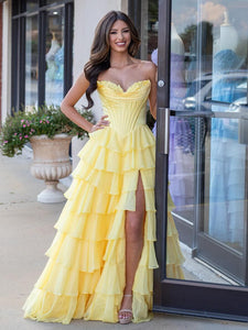 Cute Yellow Sweetheart A-Line Ruffle Chiffon Tiered Long Prom Dress Wi Anniebride Cute Yellow Sweetheart A-Line Ruffle Chiffon Tiered Long Prom Dress Wi Anniebride