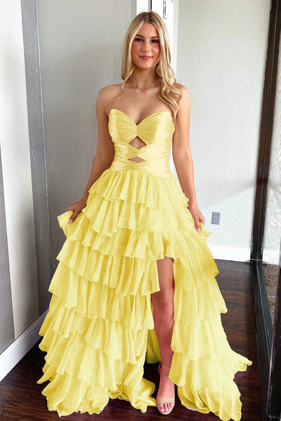Gorgeous Sweetheart A Line Chiffon Ruffled Prom Dresses With Cutout