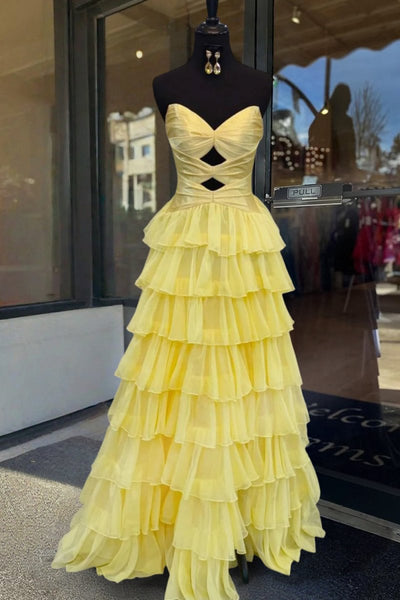 Gorgeous Sweetheart A Line Chiffon Ruffled Prom Dresses With Cutout