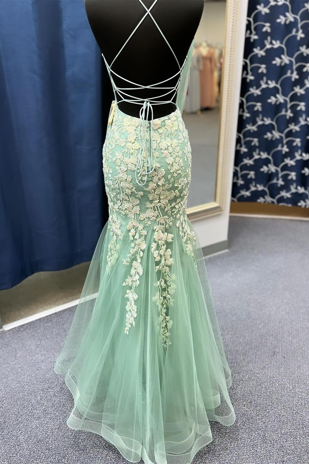 Charming Mermaid V Neck Sage Green Lace Prom Dress with Appliques –  Anniebride