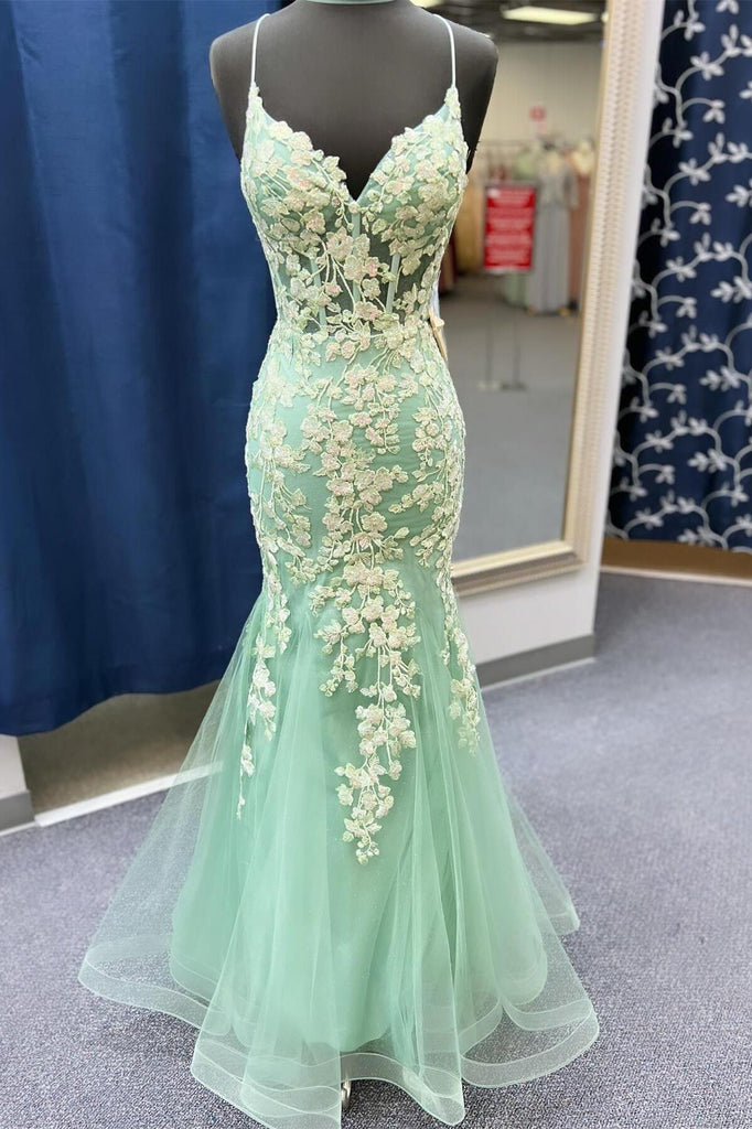Charming Mermaid V Neck Sage Green Lace Prom Dress with Appliques Anniebride Charming Mermaid V Neck Sage Green Lace Prom Dress with Appliques Anniebride