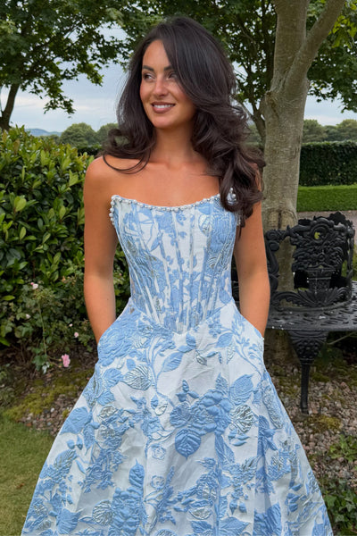 A Line Scoop Neck Blue Jacquard Satin Long Prom Dresses AB26080909