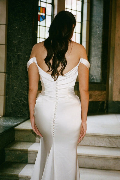 Romantic Mermaid Off the Shoulder Mermaid Satin Wedding Dress with Slit AB25101010