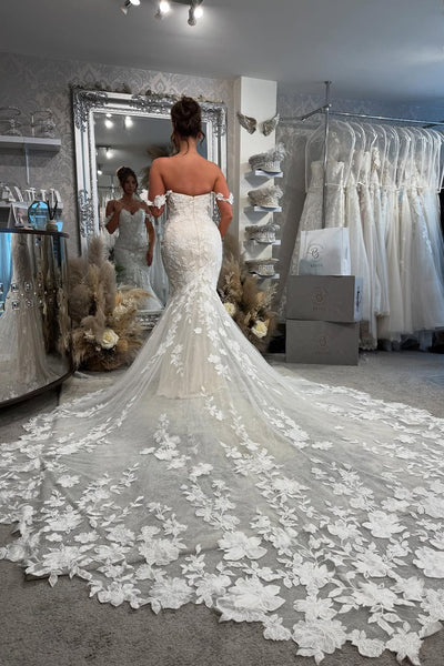 Fashion Elegant Mermaid Off the Shoulder Lace Wedding Dresses with Train AB25050202