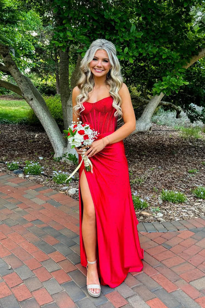 A Line Scoop Neck Red Satin Hot-fix Rhinestones Prom Dress with Slit AB26042110