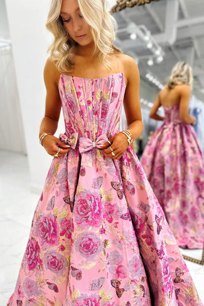 Cute Ball Gown Strapless Jacquard Satin Prom Dress with Bow AB26020907