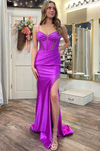 Charming Mermaid Sweetheart Purple Satin Long Prom Dresses with Beading AB121307