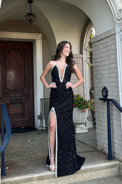 Charming Mermaid V Neck Black Sequins Long Prom Dress with Beading AB120404
