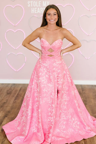 A Line Sweetheart Keyhole Pink Floral Printed Satin Long Prom Dress with Slit AB25112301