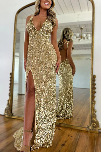 Gorgeous Mermaid V Neck Gold Sequins Prom Dress with Beading AB26010601