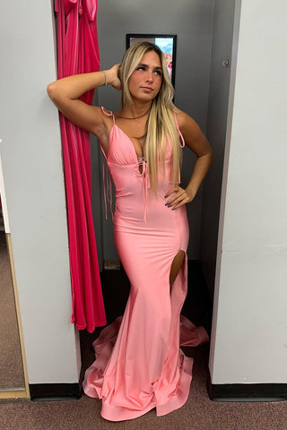 Charming Mermaid V Neck Coral Stretch Satin Prom Dress with Slit AB25010304