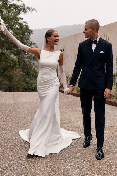 Elegant Mermaid Boat Neck Satin Wedding Dress AB26060811
