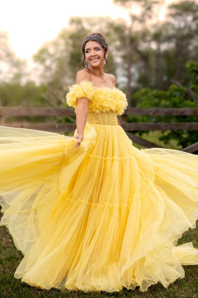 Sweet A Line Off the Shoulder Yellow Tulle Prom Dress Sweet 16 Dresses AB26040507