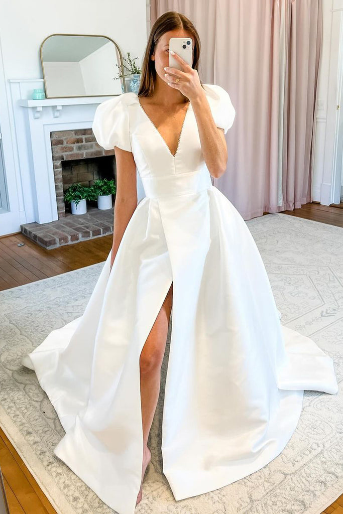 A-Line V Neck Puff Sleeves Wedding Dresses with Slit AB4052902 A-Line V Neck Puff Sleeves Wedding Dresses with Slit AB4052902