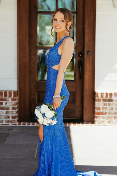 Charming Mermaid V Neck Royal Blue Hot Fix Satin Prom Dress with Slit AB26040102