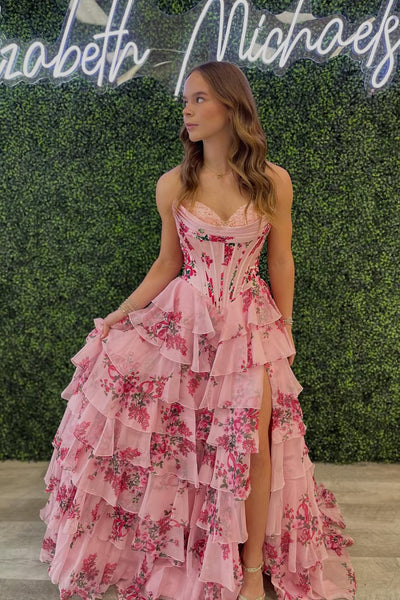 Sweet A Line Strapless Blush Pink Floral Prom Dress with Slit AB26012509