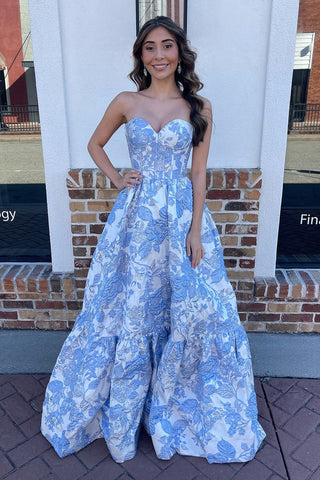 Cute A Line Strapless Jacquard Satin Long Prom Dresses