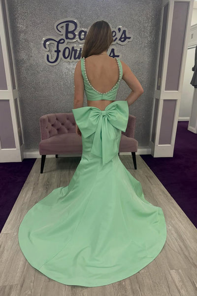 Gorgeous Mermaid Square Neck Mint Satin Prom Dress with Peals AB260110
