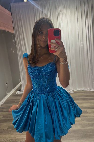 Sparkly A Line V Neck Royal Blue Satin Short Homecoming Dress with Hot Fix AB26070702