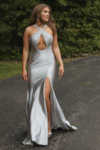 Charming Mermaid Key Hole Neck Silver Satin Prom Dresses with Beading AB24110218