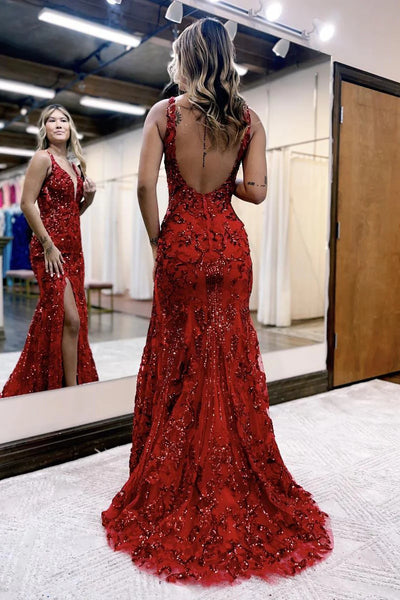 Charming Mermaid V Neck Royal Blue Sequins Lace Prom Dress with Slit AB4012801