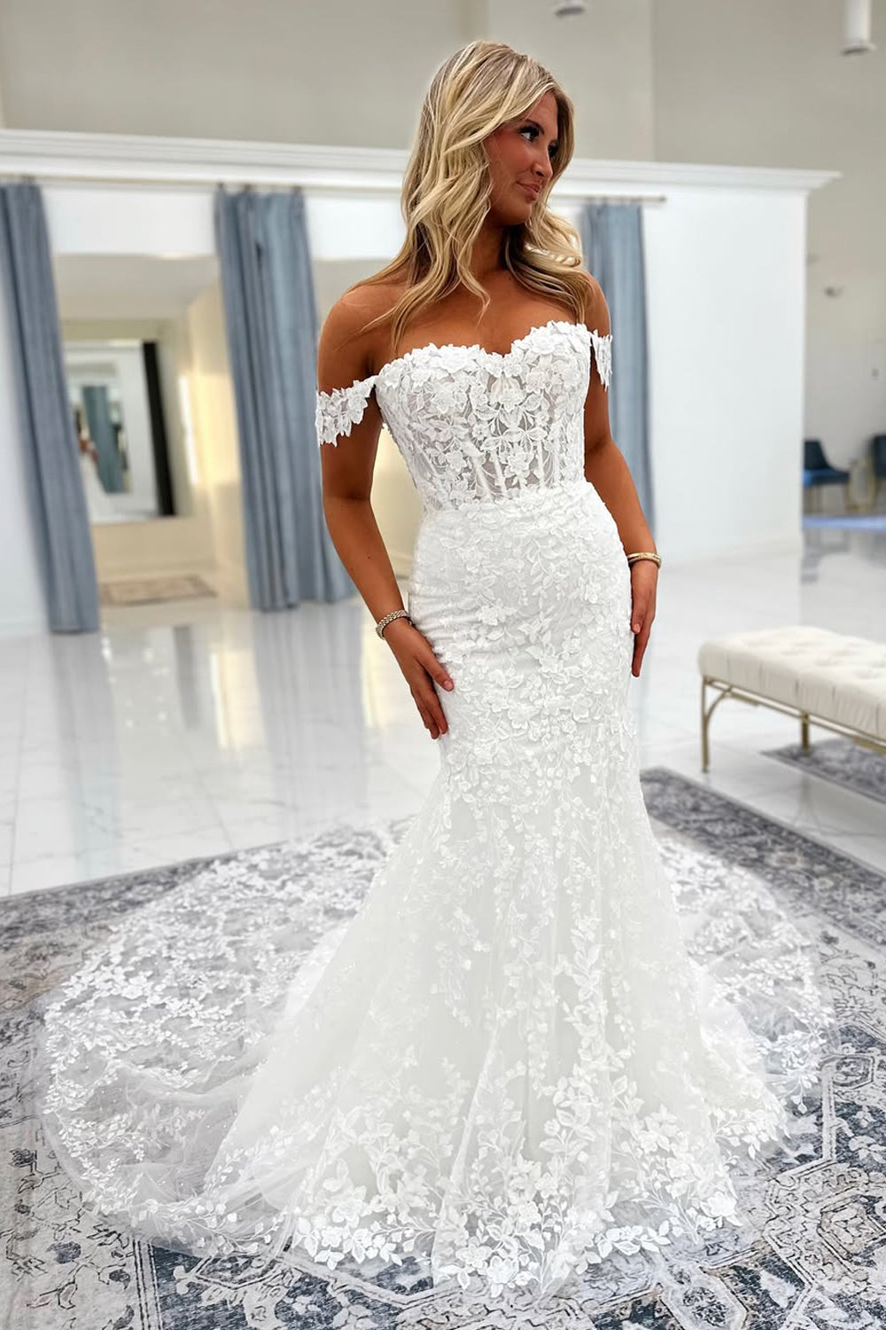 Romantic Off the Shoulder Mermaid Lace Wedding Dress with Appliques AB25102909