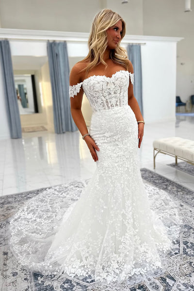 Romantic Off the Shoulder Mermaid Lace Wedding Dress with Appliques AB25102909