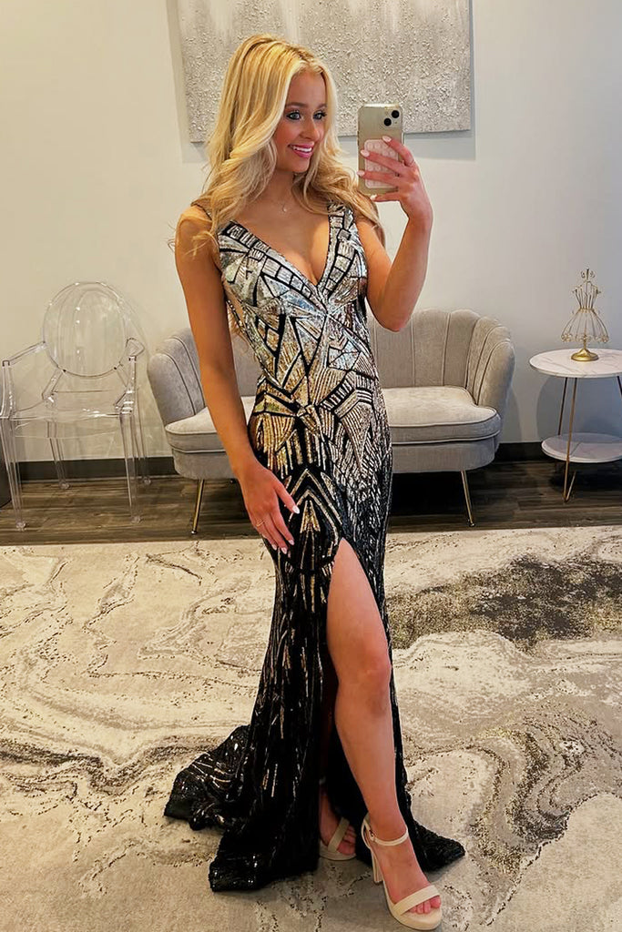 Sparkly Mermaid V Neck Black Gold Sequins Long Prom Dress with Slit AB Anniebride Sparkly Mermaid V Neck Black Gold Sequins Long Prom Dress with Slit AB Anniebride