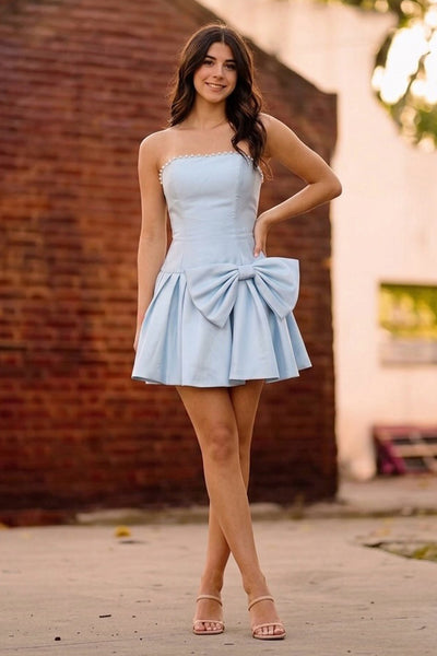 A Line Strapless Light Blue Satin Homecoming Dress with Pearls AB26070713