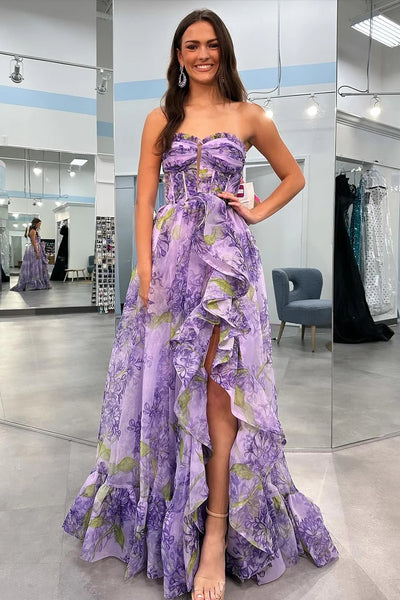 Lilac A-Line Corset Detachable Sweetheart Floral Long Prom Dress with Ruffles AB4042801