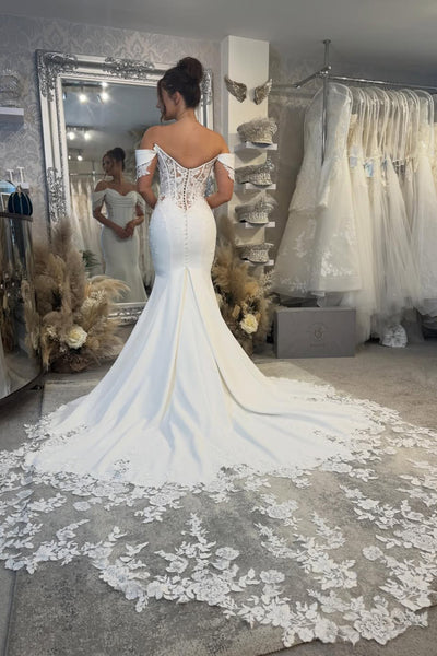 Elegant Mermaid Off the Shoulder Elastic Satin Wedding Dress with Appliques AB26010401