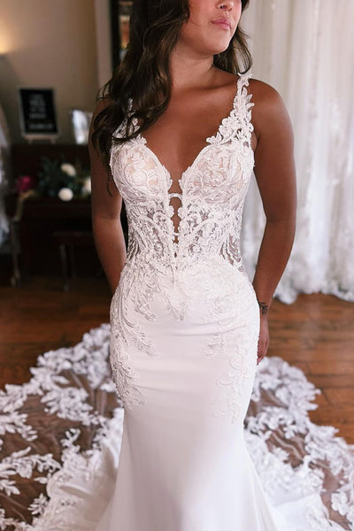 Gorgeous Mermaid V Neck Elastic Satin Wedding Dresses with Appliques ABWD061827