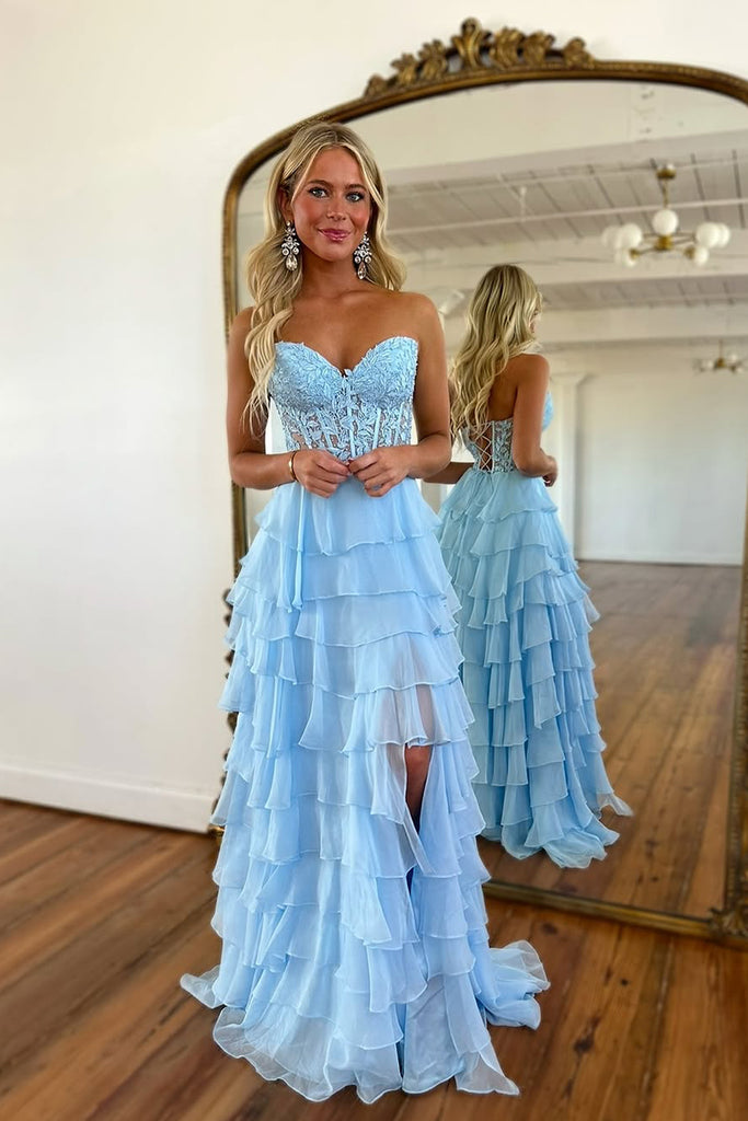 Cute A Line Sweetheart Blue Chiffon Tiered Prom Dress with Slit AB2501
