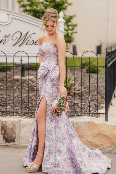 Cute Mermaid Strapless Lavender Jacquard Satin Prom Dress with Slit AB26050703