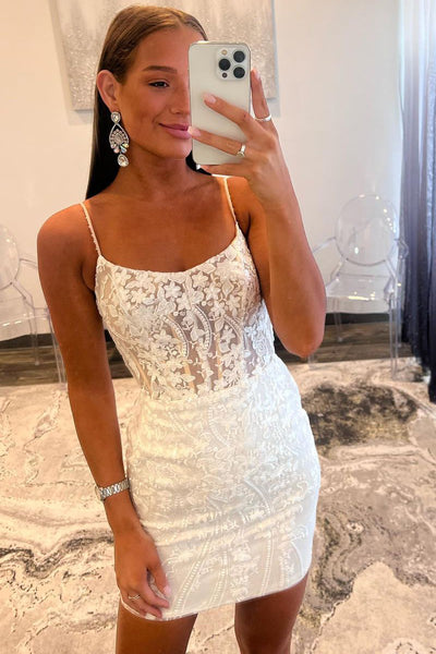 Cute Bodycon Scoop Neck White Lace Short Homecoming Dresses AB082204