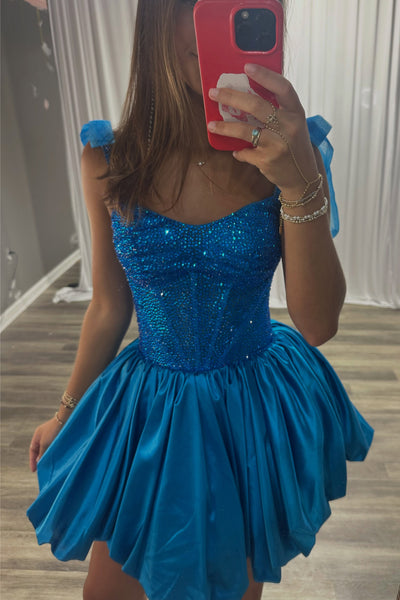 Sparkly A Line V Neck Royal Blue Satin Short Homecoming Dress with Hot Fix AB26070702