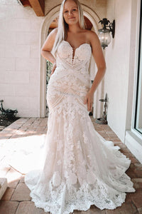 Elegant Mermaid V Neck Lace Wedding Dresses with Appliques AB080604