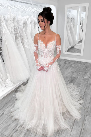 Elegant A Line V Neck Tulle Bridal Dresses with Long Sleeves AB24120401