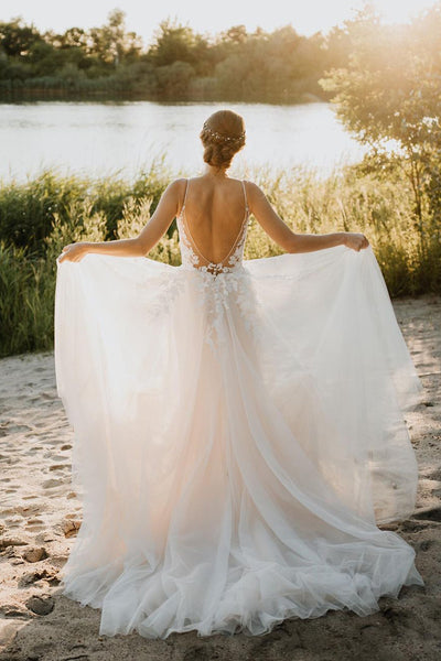 Fairy A Line V Neck Tulle Long Wedding Dresses with Appliques AB083104