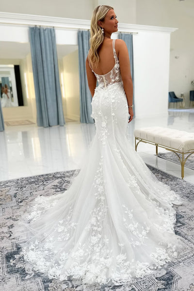 Fashion Mermaid V Neck Lace Wedding Dresses with Beading AB25050206
