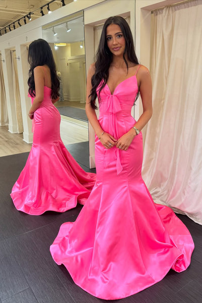 Cute Mermaid V Neck Hot Pink Satin Prom Dress with Bow AB26012710