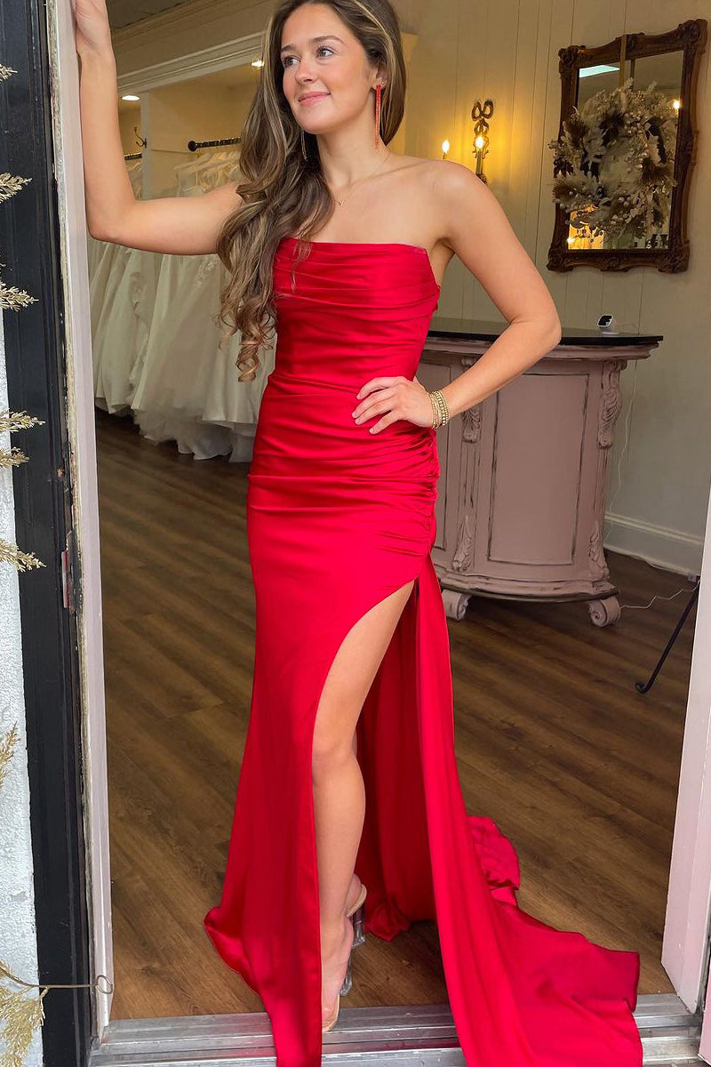 Cute Mermaid Straps Red Satin Prom Dress with Slit AB122702