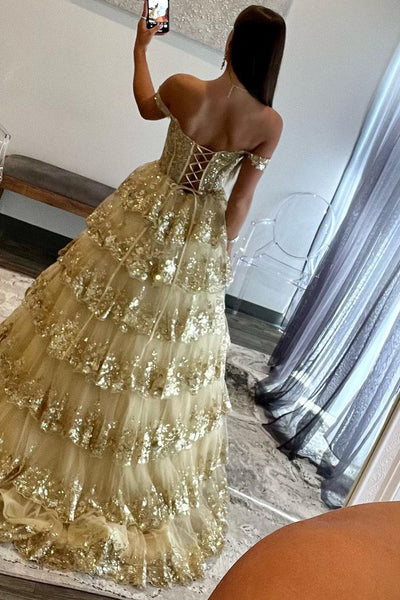 Sparkly A Line Sweetheart Gold Sequins Long Prom Dresses AB101901