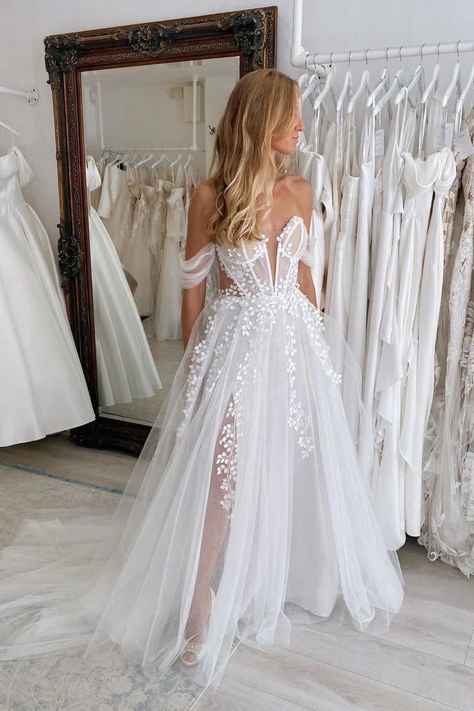 Fairy A Line Off the Shoulder White Tullen Wedding Dresses with Appliques AB24112801 Anniebride Fairy A Line Off the Shoulder White Tullen Wedding Dresses with Appliques AB24112801 Anniebride