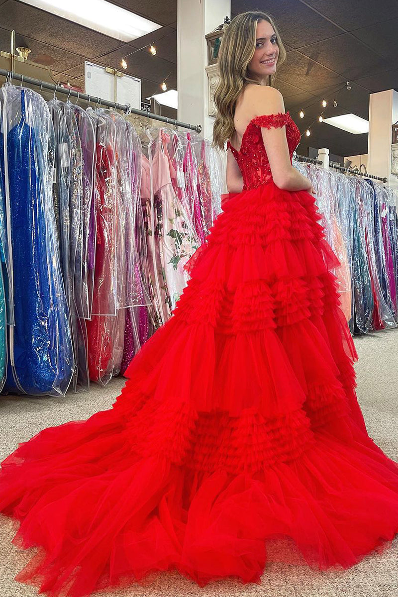 red off shoulder prom dress Cute Ball Gown Off the Shoulder Red Tulle Prom Dresses with Appliques –  Anniebride