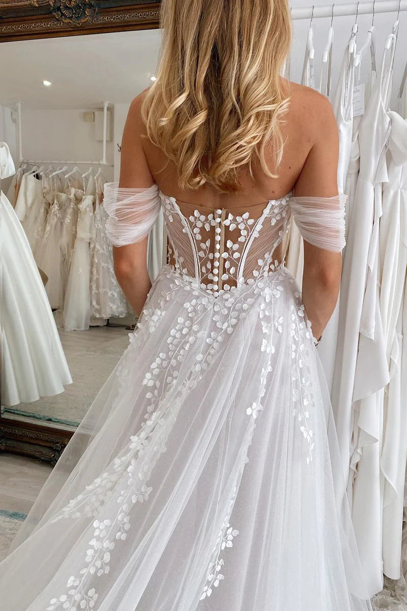 Fairy A Line Off the Shoulder White Tullen Wedding Dresses with