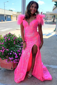 Sparkly Mermaid Off the Shoulder Pink Sequins Lace Long Prom Dresses with Feather AB090703