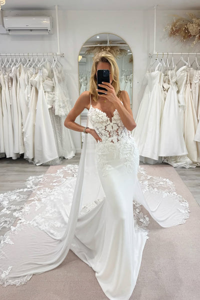 Mermaid V Neck Satin Wedding Dress with Appliques AB25122210