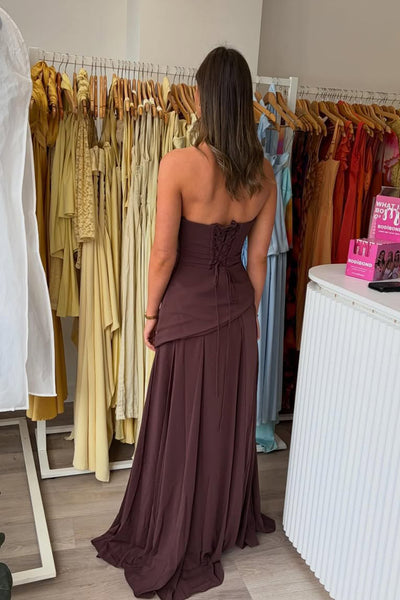 Sheath Strapless Coffee Brown Chiffon Evening Dress Wedding Guest Dress AB26052607