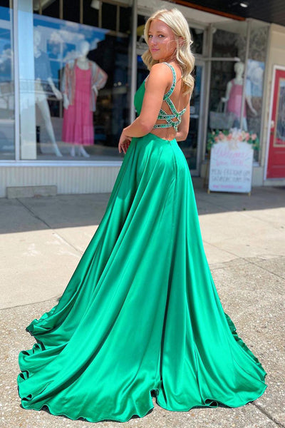 Simple A-Line V Neck Green Satin Long Prom Dresses with Pockets AB061816